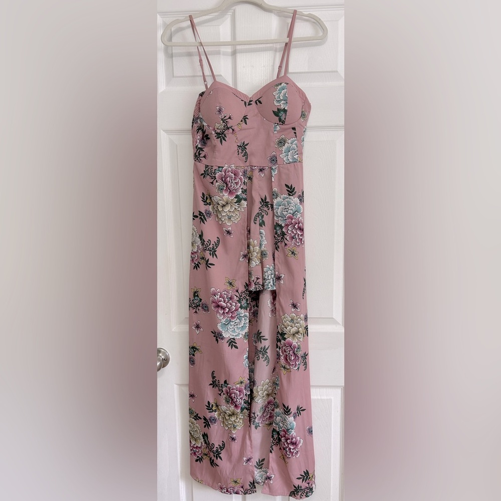 Band of Gypsies pink floral romper/jumpsuit with shorts and flowing back